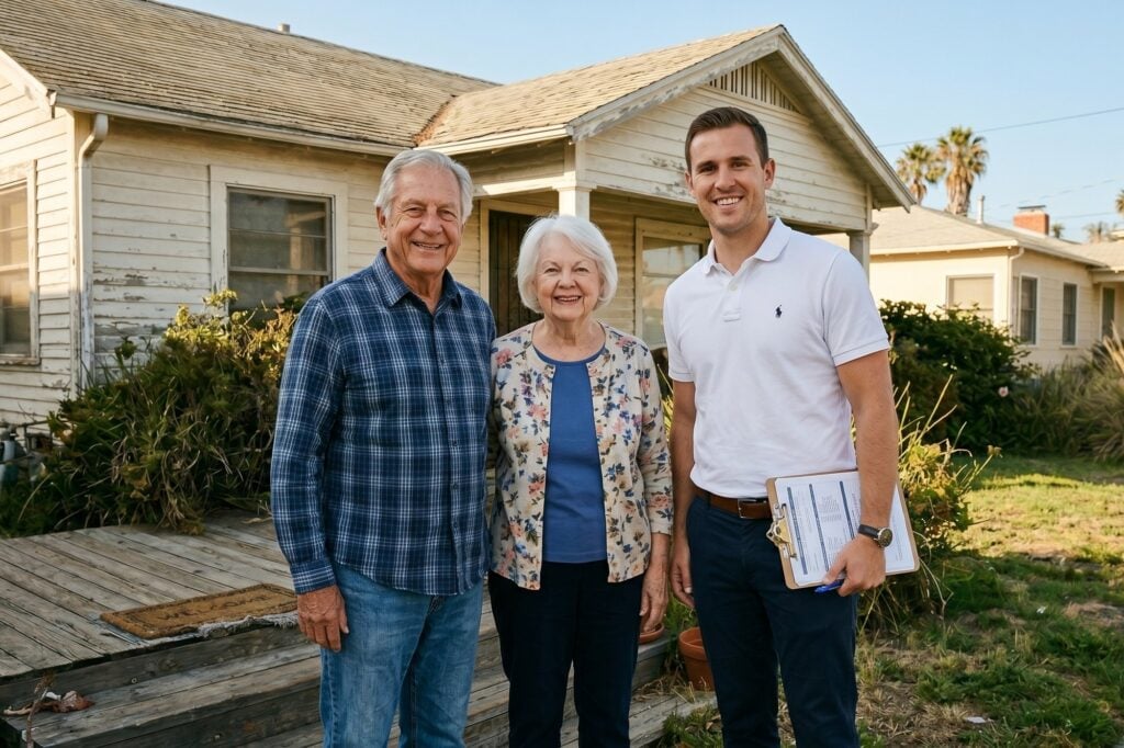 Senior Bay Area couple meeting with a Rapid Home Solutions cash buyer outside their bungalow — sell without a realtor, no commissions, no repairs